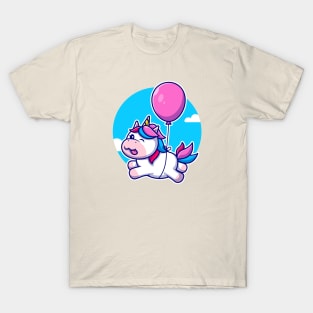 Cute Unicorn Floating With Balloon Cartoon T-Shirt